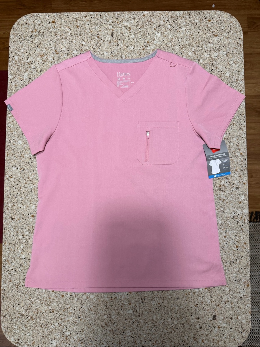 Hanes Pink Short-Sleeve V-Neck Tee with Front Zip Pocket